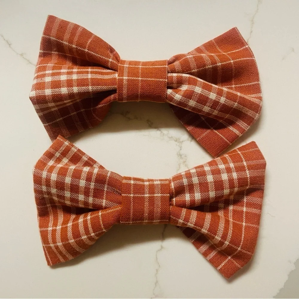 New handmade Plaid Bow Hair Clips for girls Brown/Orange Fall coquette pigtails